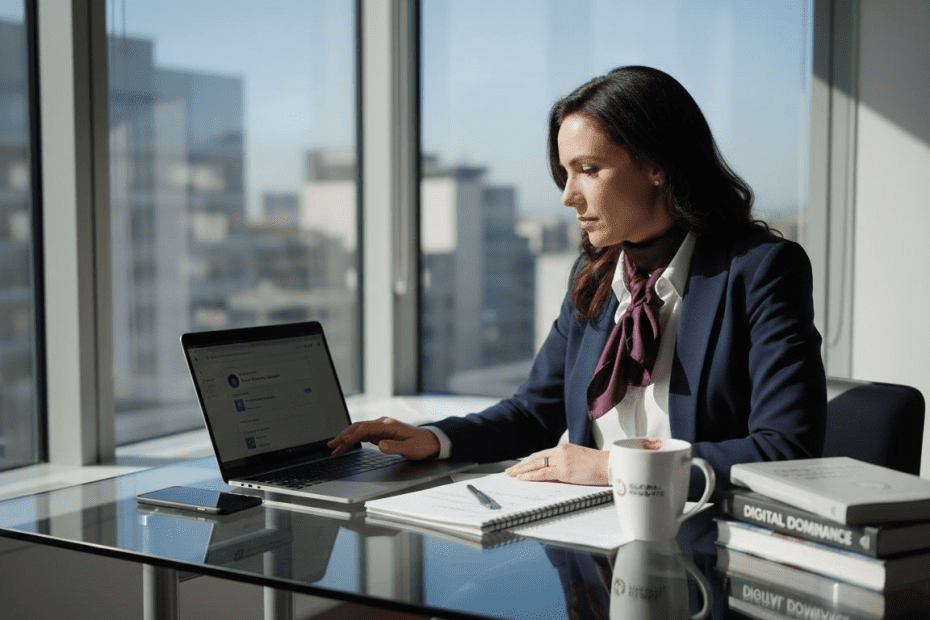 Woman managing social media in office workspace