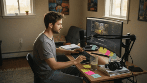 YouTuber editing video in small corner studio