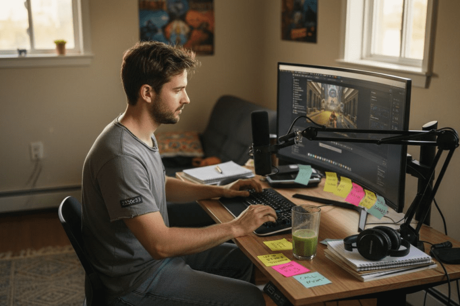 YouTuber editing video in small corner studio