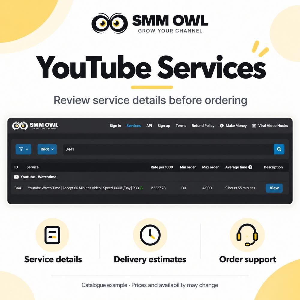 SMM Owl YouTube watch-time service catalogue showing service details, pricing and delivery estimates