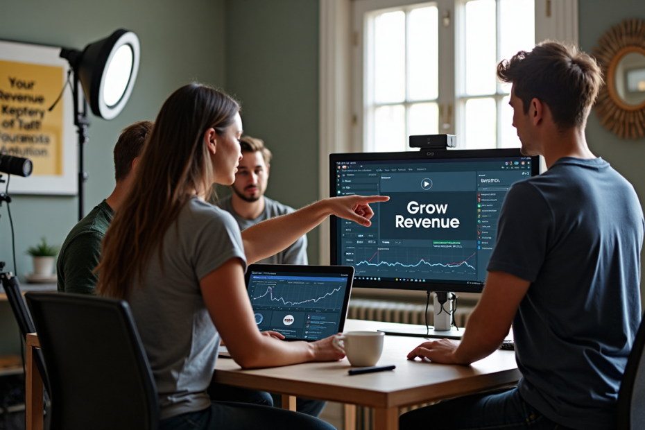 Diverse creators discuss YouTube monetization analytics in home studio