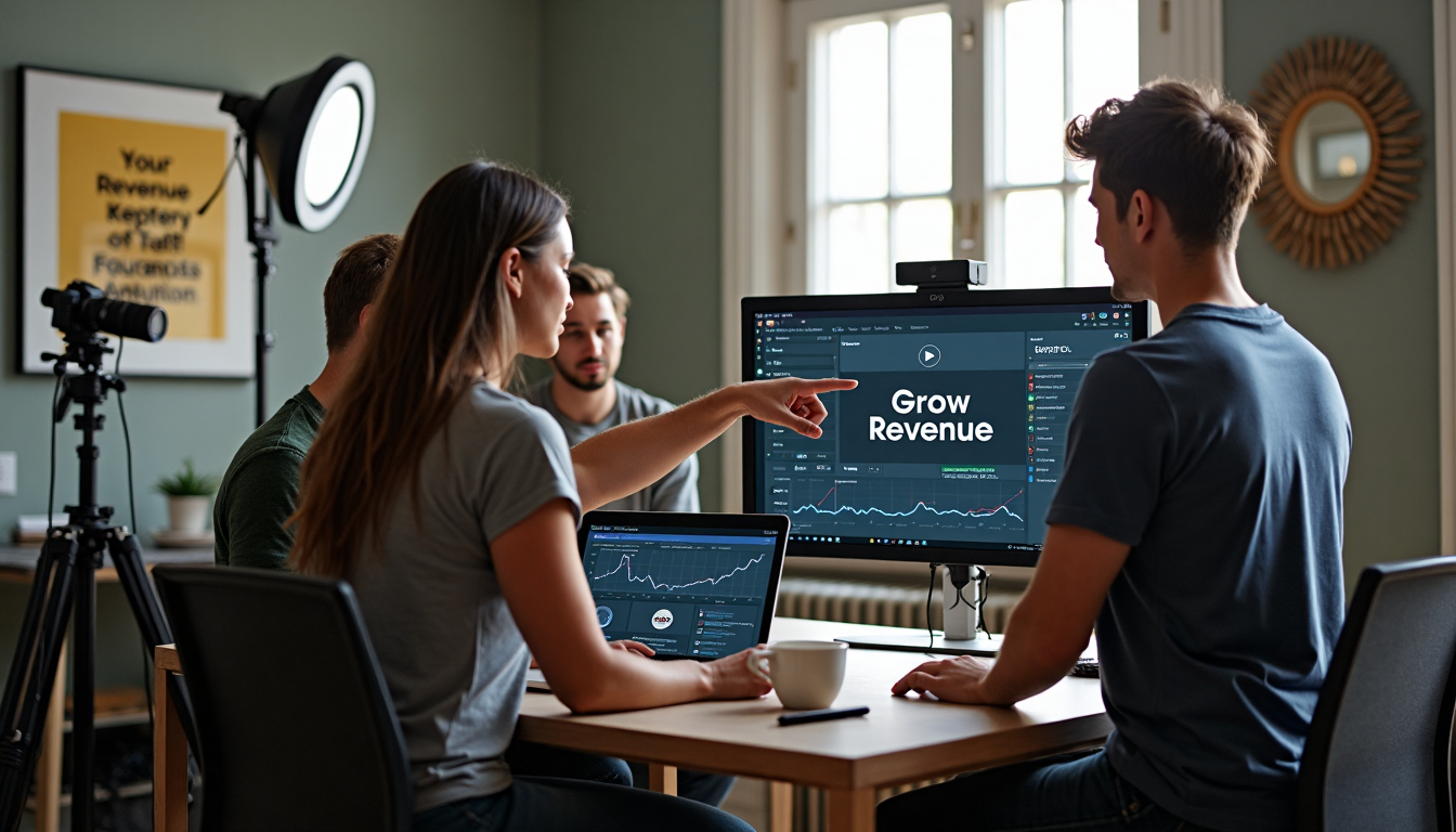 Diverse creators discuss YouTube monetization analytics in home studio