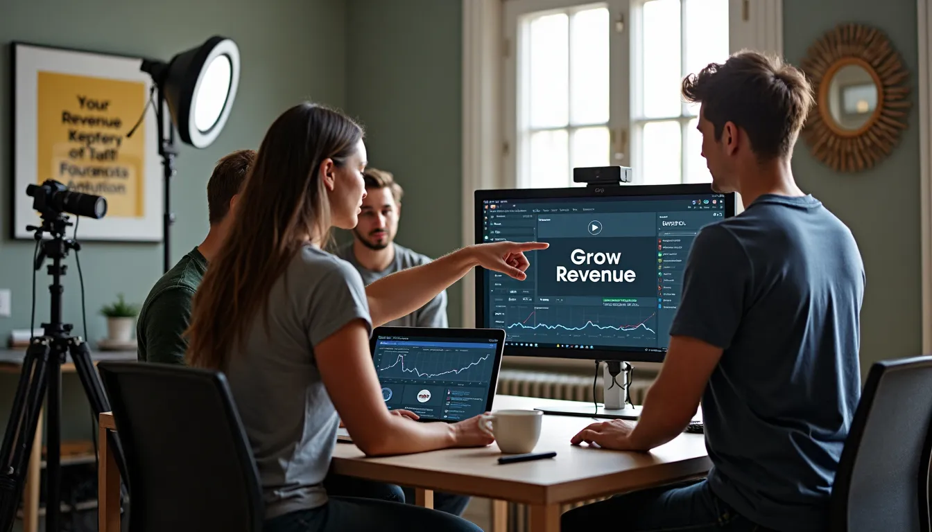 Diverse creators discuss YouTube monetization analytics in home studio