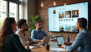 Business team reviewing Instagram business profile dashboard together