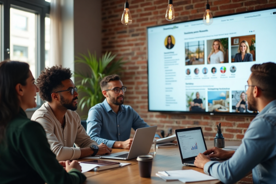 Business team reviewing Instagram business profile dashboard together