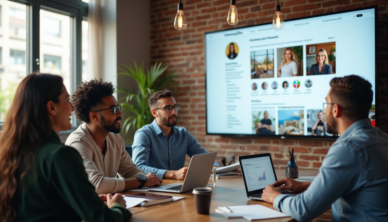 Business team reviewing Instagram business profile dashboard together