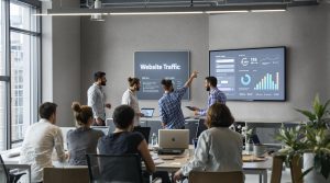 Team collaborates on website traffic strategy in a modern office with analytics displayed