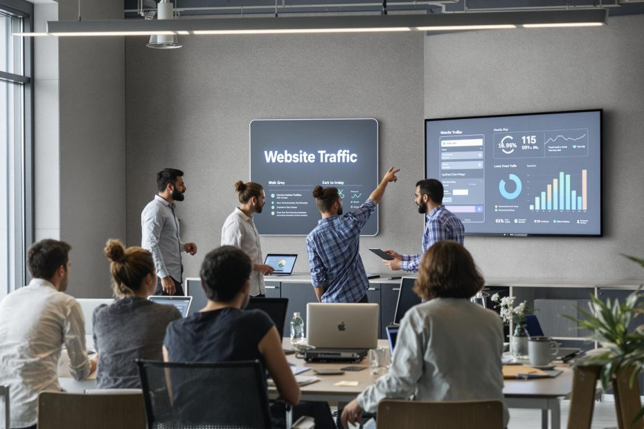 Team collaborates on website traffic strategy in a modern office with analytics displayed